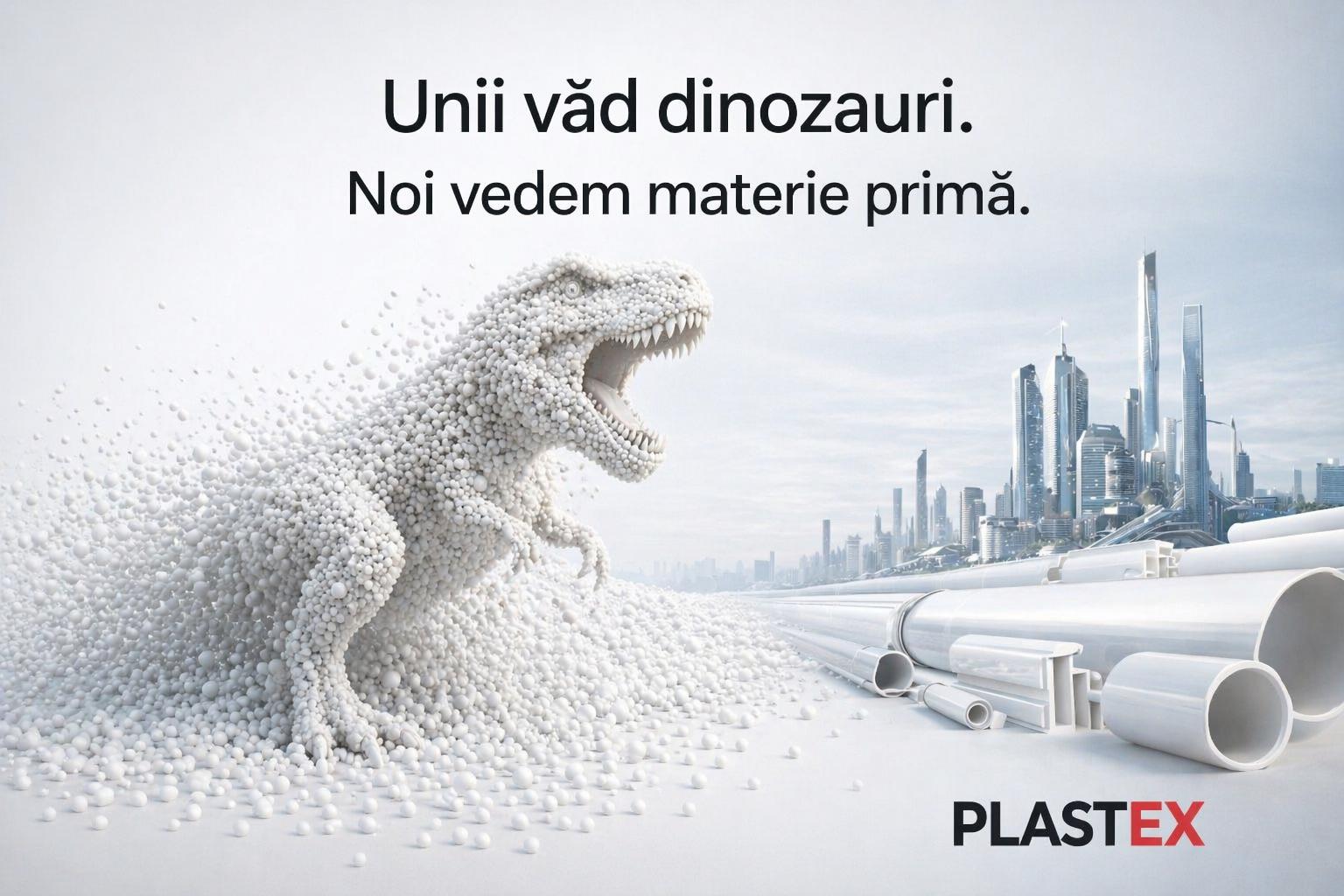 Dinozaur format din granulă de plastic, lângă oraș viitorist din mase plastice — vizual cheie RAF Plastex